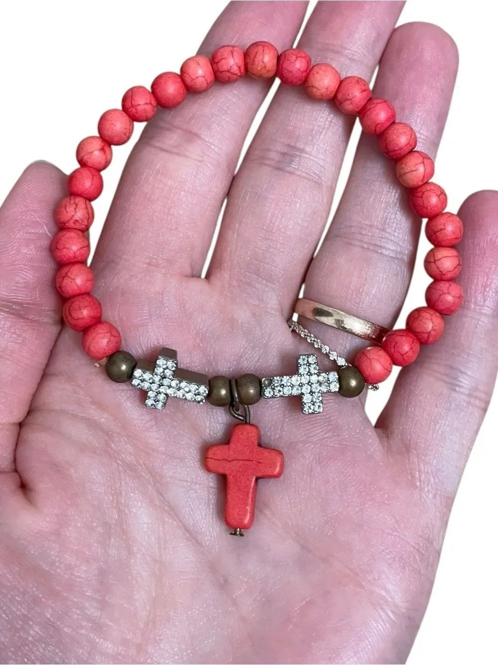 Red Beaded Cross Bracelet Stretch Religious Rhinestone Charm Boho